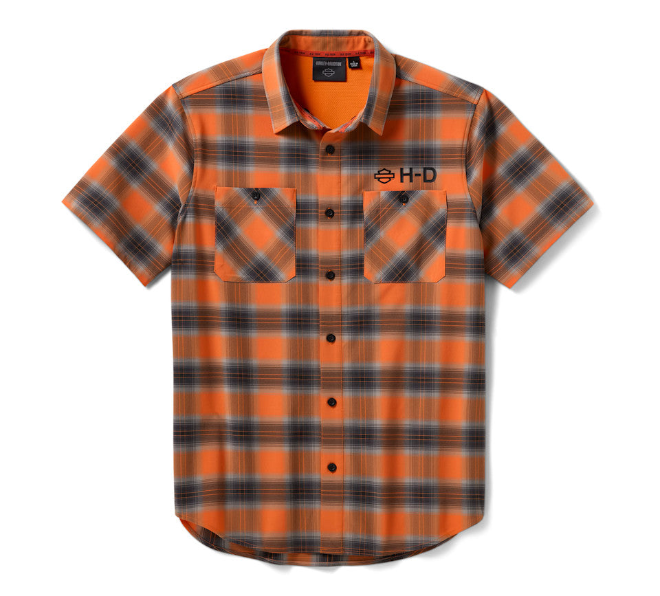 Harley-Davidson Men's TECH Vented Stretch Comfort Shirt - Plaid - Harley Orange & Harley Black