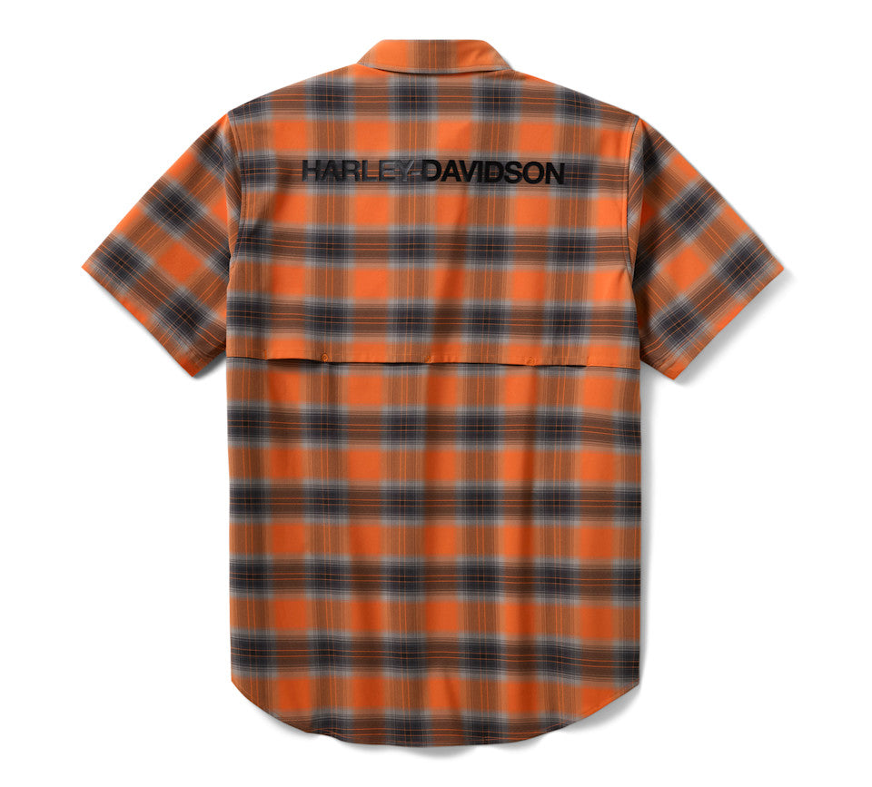 Harley-Davidson Men's TECH Vented Stretch Comfort Shirt - Plaid - Harley Orange & Harley Black