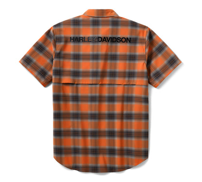 Harley-Davidson Men's TECH Vented Stretch Comfort Shirt - Plaid - Harley Orange & Harley Black