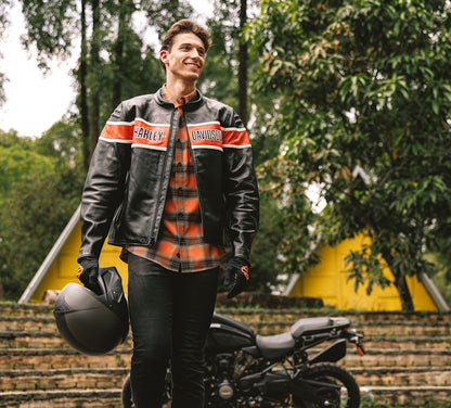 Harley-Davidson Men's TECH Vented Stretch Comfort Shirt - Plaid - Harley Orange & Harley Black