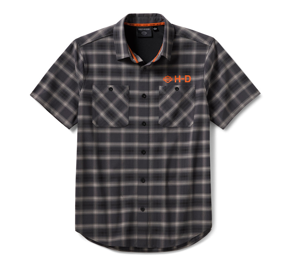 Harley-Davidson Men's TECH Vented Stretch Comfort Shirt - Plaid - Asphalt & Harley Black